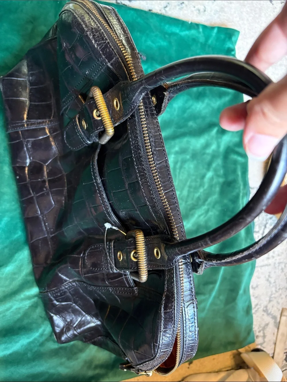 Maxx New York Black Croc-Embossed Satchel with Gold Hardware